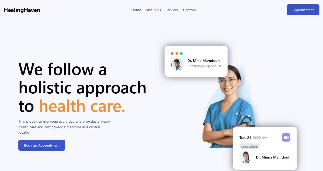 Healing Haven healthcare platform by Mina Mamdouh built with Next.js, Tailwind CSS, and Nodemailer